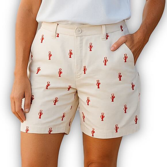 Caribbean Joe Bermuda Shorts Red White Lobster Print Cotton Twill Size 12 - Picture 1 of 9